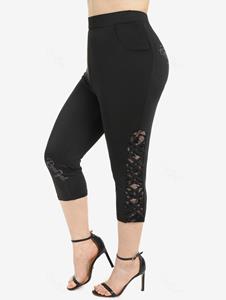 Rosegal Plus Size Crisscross Strappy Lace Panel Slant Pockets Capri Leggings