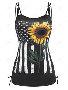 Rosegal Plus Size & Curve Lace Up American Flag Sunflower Print Tank Top