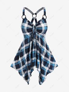 Rosegal Plus Size Checked Rings Frilled Cinched Handkerchief Hem Tank Top