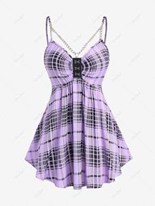 Rosegal Plus Size Ruched Chains Backless Plaid Tank Top
