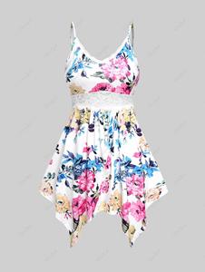 Rosegal Plus Size Lace Panel High Waisted Backless Handkerchief Floral Tank Top