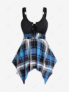 Rosegal Plus Size Plaid PU Leather Ring Buckle Grommets Lace Up Cami Top