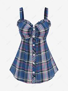 Rosegal Plus Size Plaid Ruched Buttons Tank Top