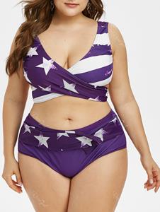 Rosegal Plus Size Patriotic American Flag Print High Waist Wrap Tankini Swimsuit