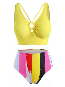 Rosegal Plus Size O Ring Colorful Striped Tankini Swimsuits