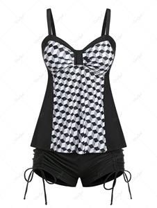 Rosegal Plus Size & Curve Cinched Geometry Print Modest Tankini Swimsuit