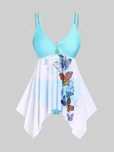 Rosegal Plus Size & Curve Handkerchief Butterfly Print Sheer Mesh Tankini Swimsuit