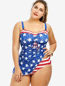 Rosegal Plus Size Padded American Flag Patriotic Tankini Swimsuit with Bowknot
