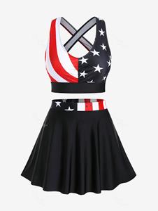 Rosegal Plus Size Patriotic American Flag Print Crisscross Back Skirtini Bikini