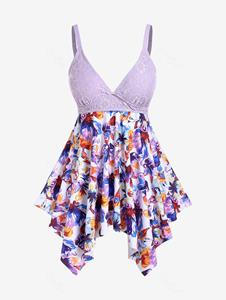 Rosegal Plus Size Lace Panel Plunging Backless Printed Padded Handkerchief Tankini Swimsuit