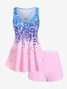 Rosegal Plus Size Sparkle Print Colorblock Tankini Boyshorts Swimsuit