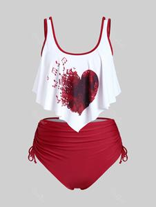 Rosegal Plus Size Valentine Notes Heart Printed Cinched Padded Overlay Tankini Swimsuit