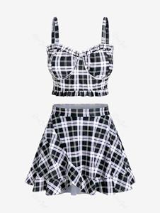 Rosegal Plus Size Ruffles Flounce Padded Plaid Three Piece Skirt Tankini Swimsuit