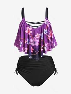 Rosegal Plus Size Flower Printed Crisscross Flounce Cinched Padded Tankini Swimsuit