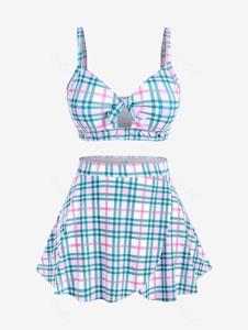 Rosegal Plus Size Plaid Knot Cutout Padded Top and Skort Tankini Swimsuit