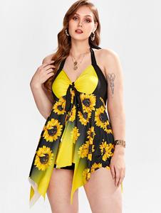 Rosegal Plus Size Sunflower Ombre Handkerchief Padded Boyleg Tankini Swimsuit