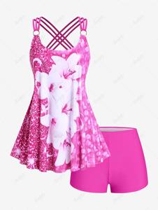 Rosegal Plus Size 3D Sparkles Flower Boyleg Strappy Modest Tankini Swimsuit