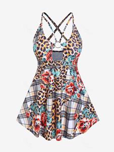 Rosegal Plus Size Floral Tiger Print Cutout High Waist Tankini Swimsuit