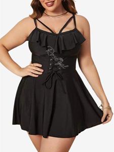 Rosegal Plus Size Lace-up Ruffle Strappy Tankini Swimsuit