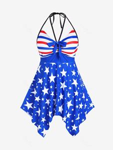 Rosegal Plus Size Patriotic American Flag Print Halter Bow Tankini Swimsuit