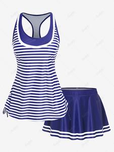Rosegal Plus Size Racerback Stripes Cinched Ruched Padded Skort Tankini Swimsuit