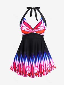 Rosegal Plus Size Tie Dye Backless Halter Padded Surplice Tankini Swimsuit