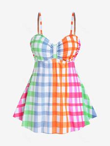 Rosegal Plus Size Colorful Checked Ruched Tankini Swimsuit
