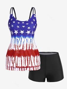 Rosegal Plus Size Patriotic American Flag Padded Boyleg Blouson Tankini Swimsuit