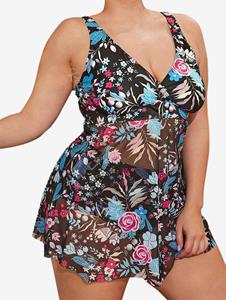Rosegal Plus Size Flower Sheer Mesh Panel Padded Surplice Tankini Swimsuit