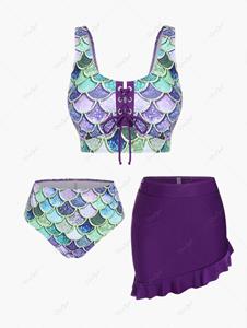 Rosegal Mermaid Print Lace Up Three Piece Tankini Swimsuit
