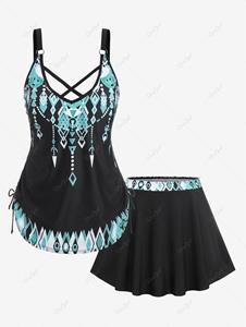 Rosegal Plus Size Ethnic Print Crisscross Skirt Tankini Swimsuit