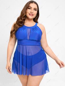 Rosegal Plus Size Halter Backlessed Ruched Tankini Swimsuit