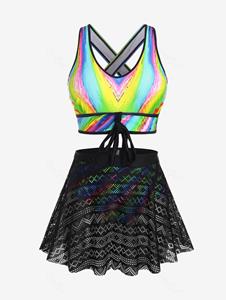 Rosegal Plus Size Swirls Printed Tie Crisscross Padded Lace Skort Tankini Set Swimsuit