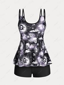 Rosegal Skull Sun Moon Cloud Eye Print Boyleg Tankini Swimsuit (Adjustable Shoulder Strap)