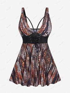 Rosegal Plus Size Lace Up Leopard Print Tankini Swimsuit