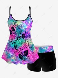 Rosegal Galaxy Glitter Flower Print Boyleg Tankini Swimsuit (Adjustable Shoulder Strap)