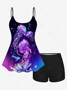 Rosegal Ombre Fish Jellyfish Glitter Print Boyleg Tankini Swimsuit (Adjustable Shoulder Strap)