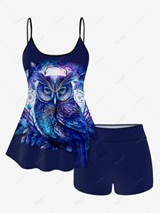Rosegal Owl Leaves Print Boyleg Tankini Swimsuit (Adjustable Shoulder Strap)