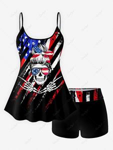 Rosegal Skeleton Patriotic American Flag Print Boyleg Tankini Swimsuit (Adjustable Shoulder Strap)