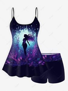 Rosegal Gothic Mermaid Plant Glitter Print Tankini Swimsuit (Adjustable Shoulder Strap)