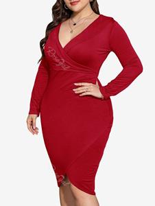 Rosegal Plus Size Long Sleeves Solid Bodycon Party Surplice Dress