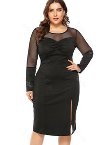 Rosegal Plus Size Net Panel Ruched Slit Long Sleeves Midi Bodycon Party Dress