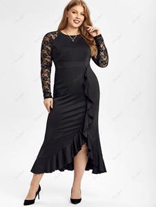 Rosegal Plus Size Lace Raglan Sleeves Slit A Line Party Dress with Flounce
