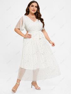 Rosegal Plus Size Sparkling Sequins Polka Dot Belt A Line Gown Dress