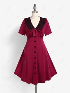Rosegal Plus Size Peter Pan Collar Bowknot Contrast Lace Midi Dress