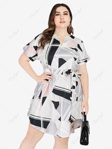 Rosegal Plus Size Asymmetrical Geometry Printed Tie Shirt Dress