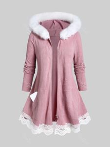 Rosegal Plus Size Faux Fur Panel Cable Knit Trim Hooded Cardigan with Pockets