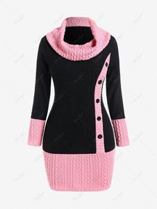Rosegal Plus Size Cowl Neck Cable Knit Two Tone Bodycon Mini Dress with Buttons