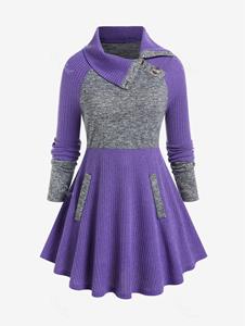 Rosegal Plus Size Turndown Collar Colorblock Raglan Sleeves Ribbed Sweater