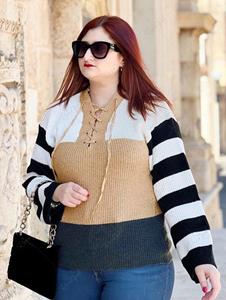 Rosegal Plus Size Lace-up Striped Colorblock Sweater